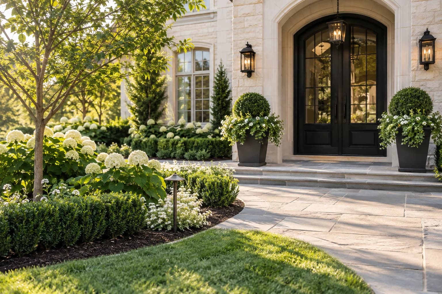 Immaculate landscaped estate entry representing property preparation for market.